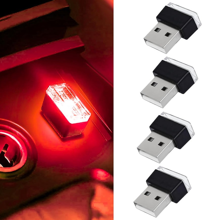 Hbxdeco 4 PCS USB LED Car Interior Atmosphere Lamp, Portable Mini Auto LED Decor Night Light, Plug-in USB Interface Ambient Lighting Kit, Universal Car Interior Accessories(Red) - Image 1